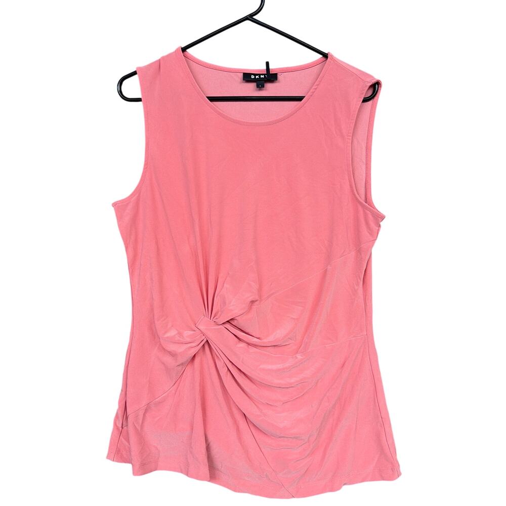 DKNY Womens Blouse Pink Sleeveless Tank Side Knot Crew Neck Polyester Stretch L